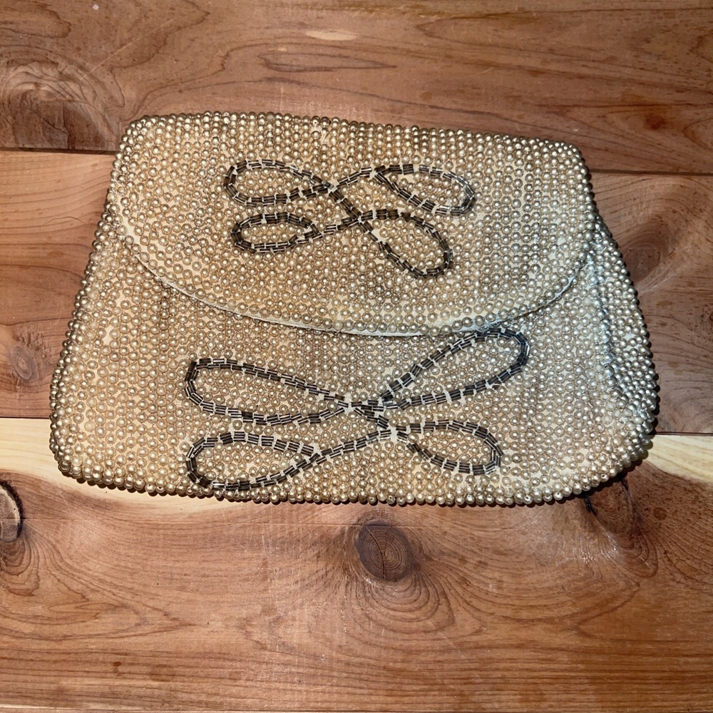 VTG 'Miranda' Faux Pearl Beaded Purse Clutch Handbag Made In Japan Snap Closure